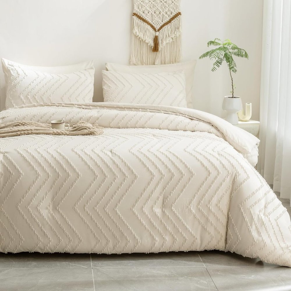 Chevron Tuft Cream Natural White Ivory California King Size Zigzag Comforter Set